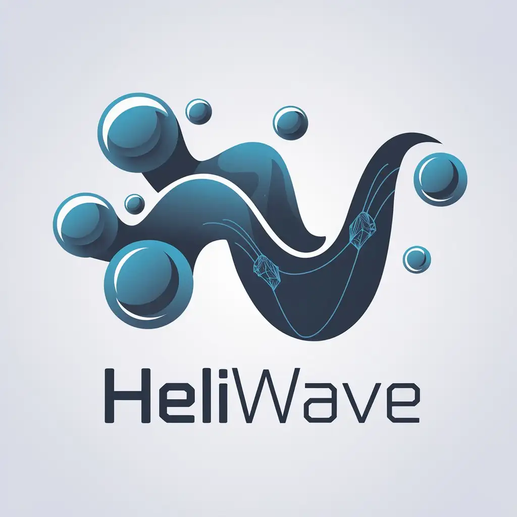 a vector logo design,with the text "HeliWave", main symbol:1. Helium bubbles: symbolizing lightness and sci-fi elements.nWaves: representing dynamics and innovation.nMini models: reflecting the studio's focused area.n2. Design conceptn1. Design stylenModern minimalism: using clean lines and simple shapes to highlight technology.nFuturistic: adopting sci-fi style elements to showcase the studio's creativity and foresight.n2. Color schemenMain color: Light blue or silver, representing helium's lightness and future technology.nAccent colors: Dark blue or black, adding stability and contrast.n3. Design illustrationsnIcon partnHelium bubbles: design a floating bubble pattern with gradient effect to highlight helium's feature.nWavy lines: merge wave shape into the bubble pattern, showing dynamics.nMini elements: add small sci-fi model outlines in waves or bubbles, implying the studio's main business.nText partnFont choice: use modern sans-serif font like Futura or Avenir, keeping it simple and professional.nPlacement: place 'HeliWave' below the icon or on its right side to ensure harmony.,Minimalistic,be used in Technology industry,clear background