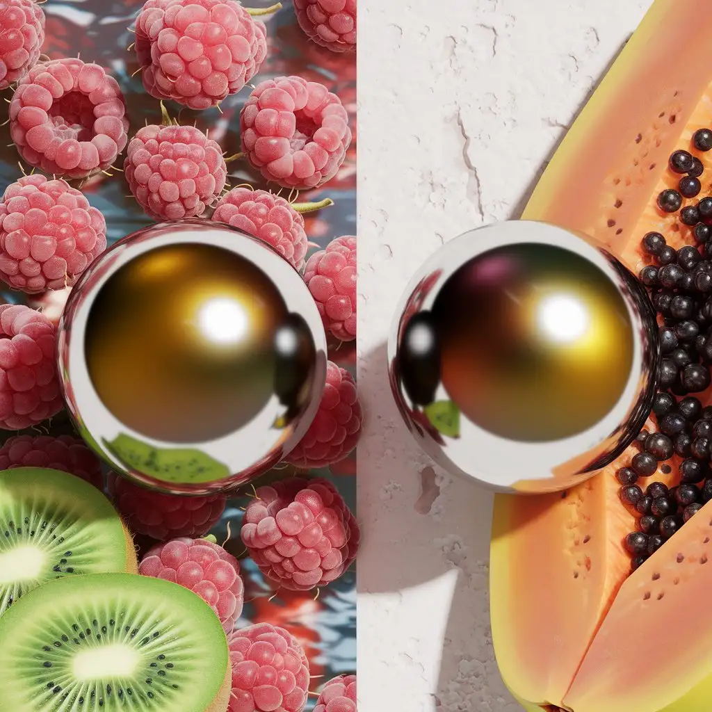 3D-Spheres-Surrounded-by-Raspberries-Kiwi-and-Papaya