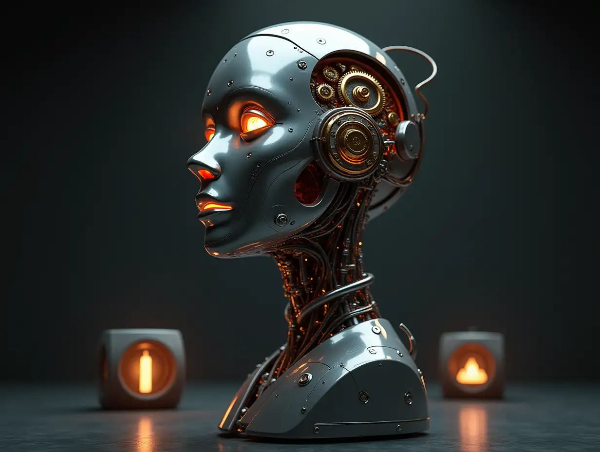 Create a high-resolution, realistic image of the artificial intelligence Robert with a metal and glass head with gears, lightwave conductors, LED light face 3d 4k resolution with gold and silver ornaments full body presentation in a robot room and stands on a cabled dice with lamps