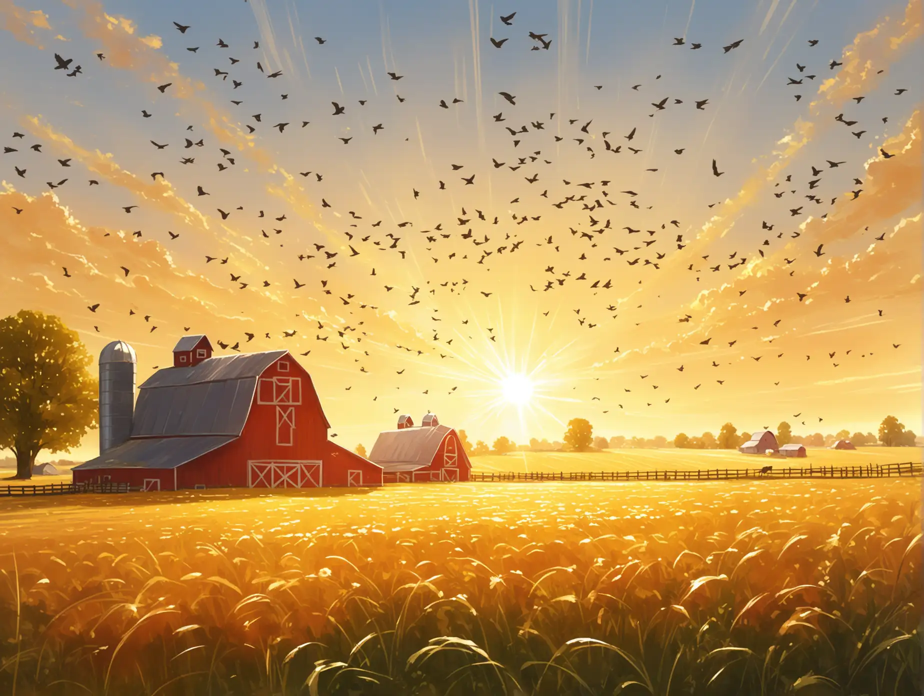 Golden Sunrise Over Farm Fields with Melodious Bird Songs