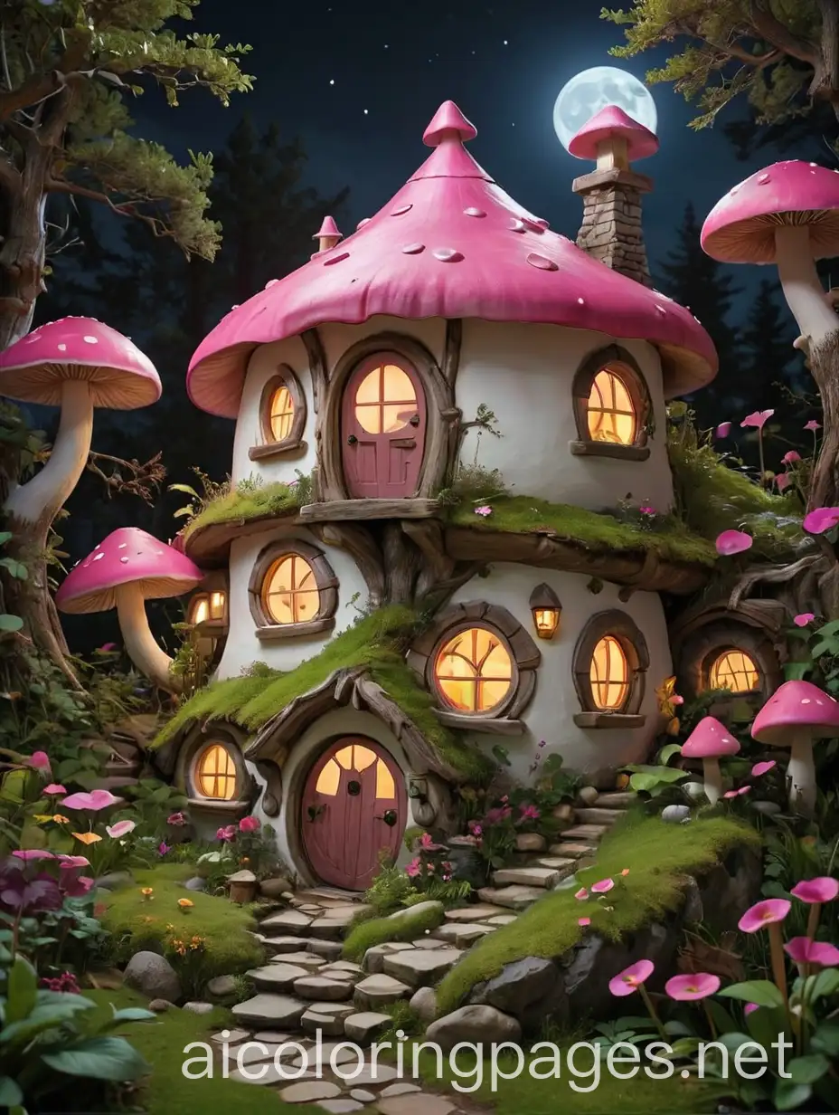 Mushroom hobbit house at night with very  pink windows. Colors, Coloring Page, black and white, line art, white background, Simplicity, Ample White Space. The background of the coloring page is plain white to make it easy for young children to color within the lines. The outlines of all the subjects are easy to distinguish, making it simple for kids to color without too much difficulty