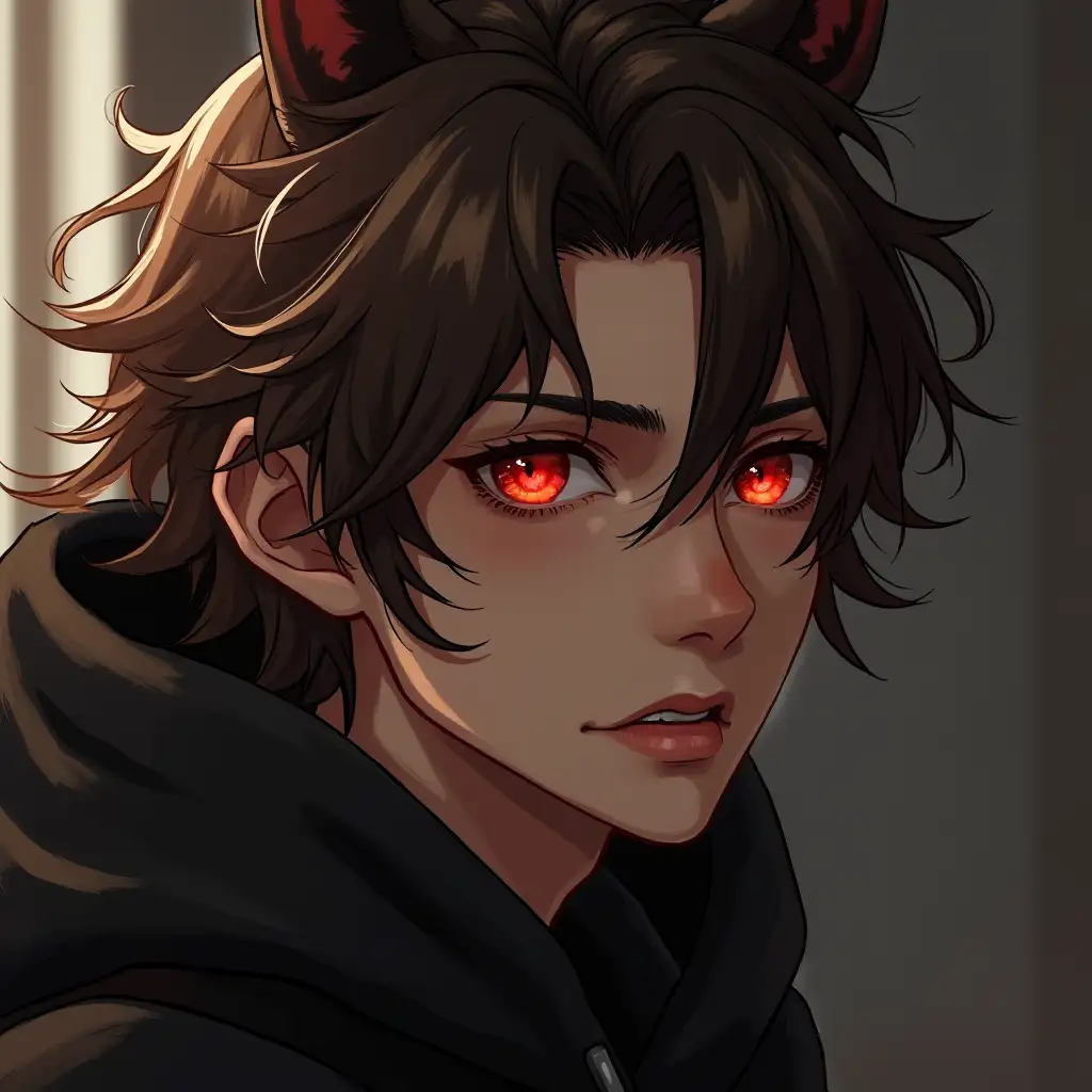 hot boy with brown hair,red eyes,ultima wolf