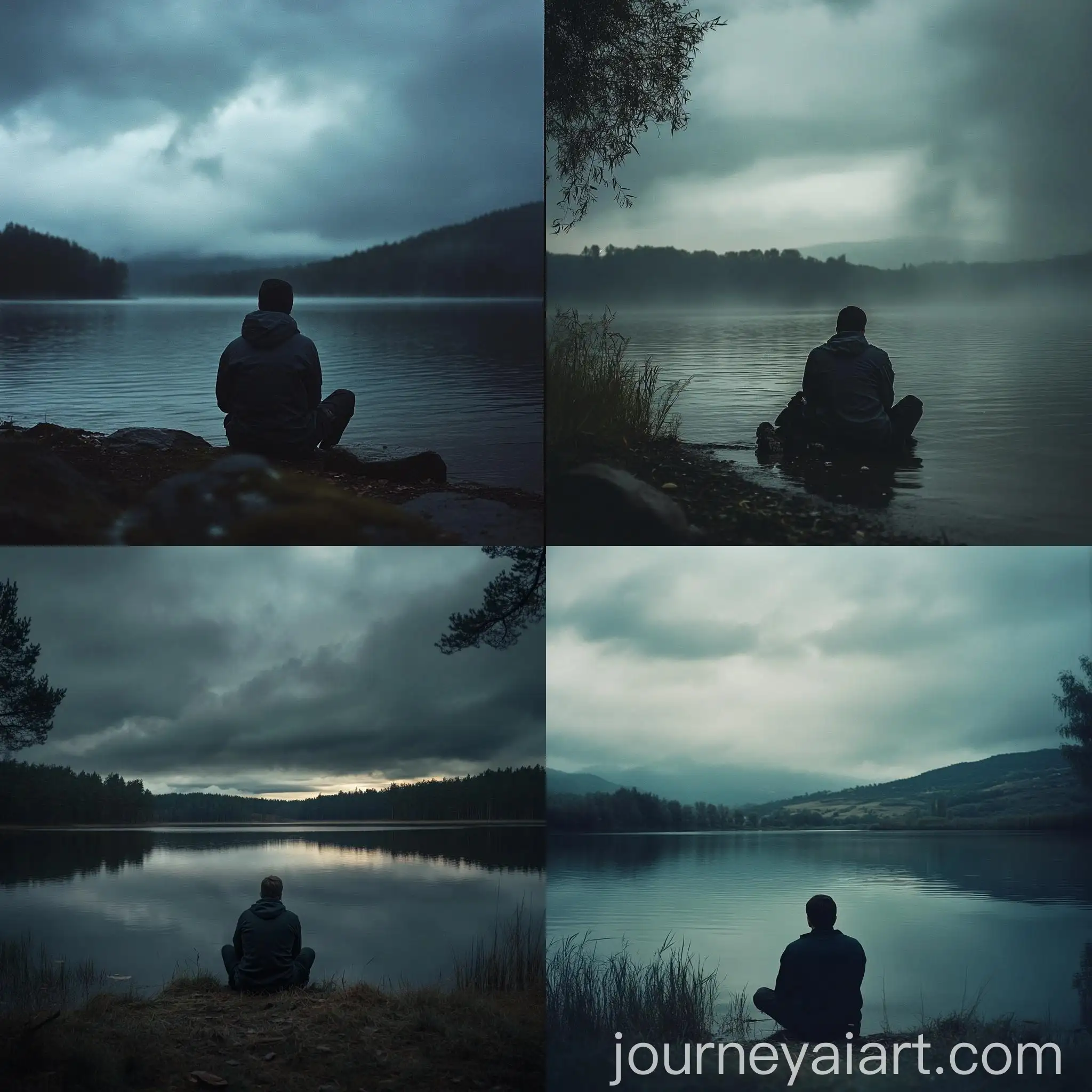 Man-Sitting-by-Dark-and-Cloudy-Lake