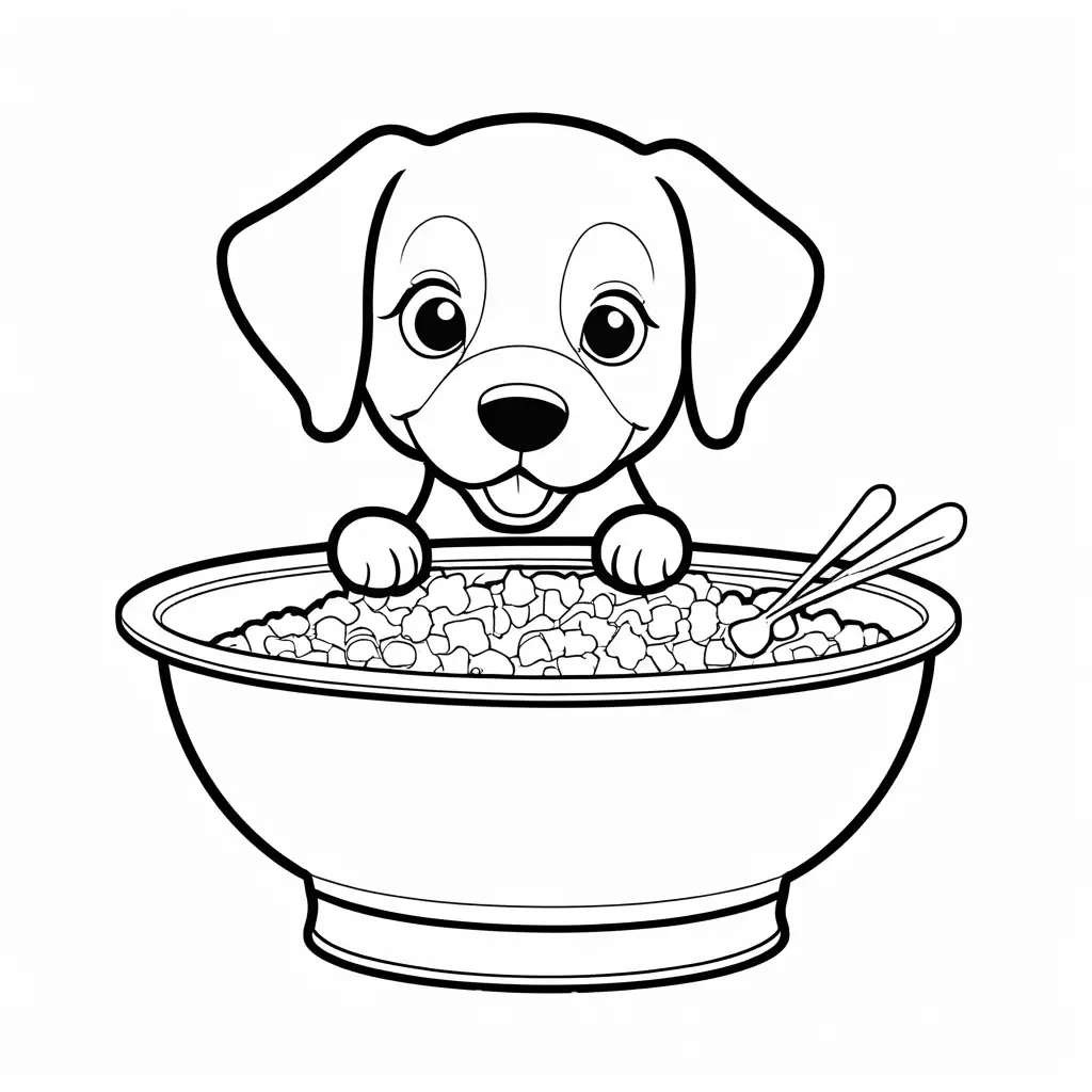 Cartoon-Adult-Dog-Enjoying-Meal-in-Black-and-White-Coloring-Page