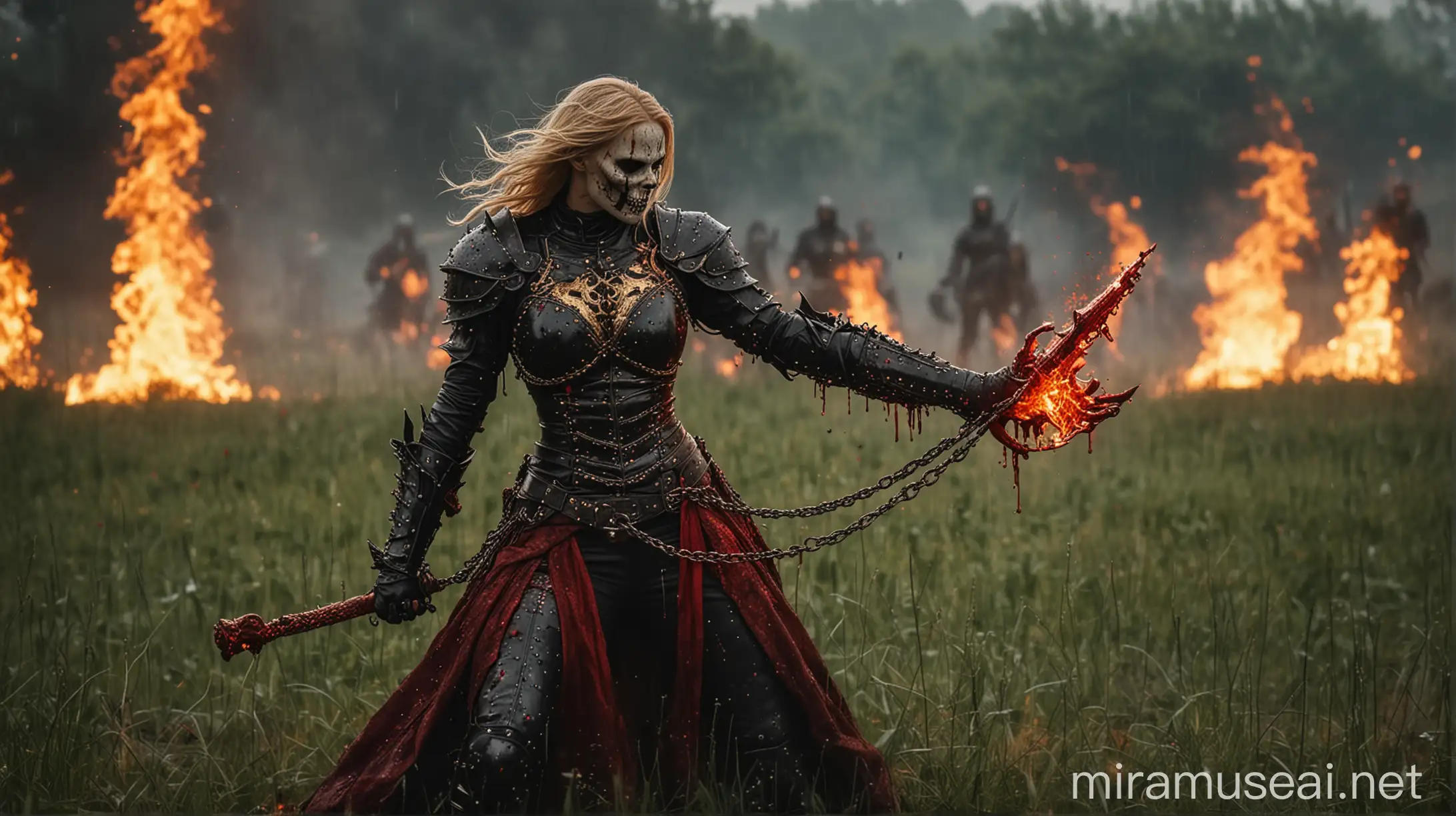 Female Ghost Rider in Medieval Armor Battling Army with Fiery Chains and Blood Rain