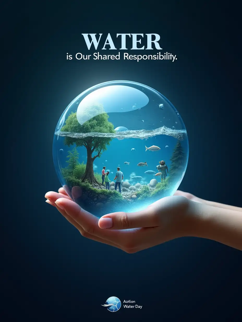 Design a 3D-rendered poster for World Water Day featuring a glass globe filled with water. Inside the globe, show a thriving ecosystem with trees, fish, and people. The globe is held by two hands, symbolizing human stewardship. Use a dark background with soft lighting to make the globe glow. Add the text 'Water is Our Shared Responsibility' in a sleek, modern font.