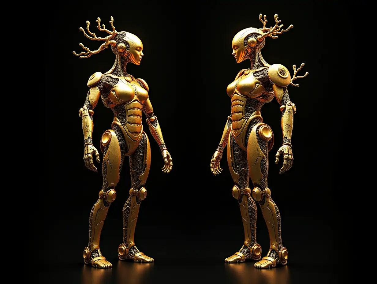 goldenem Complex-Horizon-Fractals humanoid robots with Complex-Horizon-Fractals body and Fracta-Bald with root on the head, with black background vibrant 