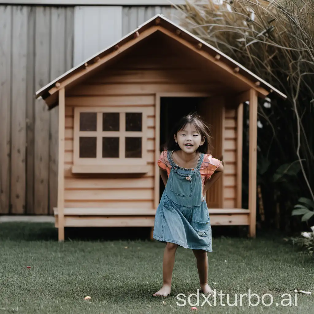 a little girl playing in front of a small wooden house