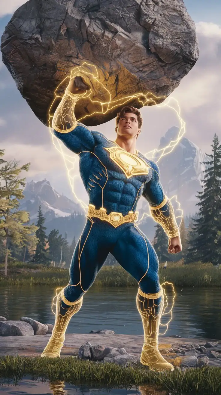 Supercharged brawn. Herculean powers. Golden electric glow. 18 years old. Superhero. Photorealistic.