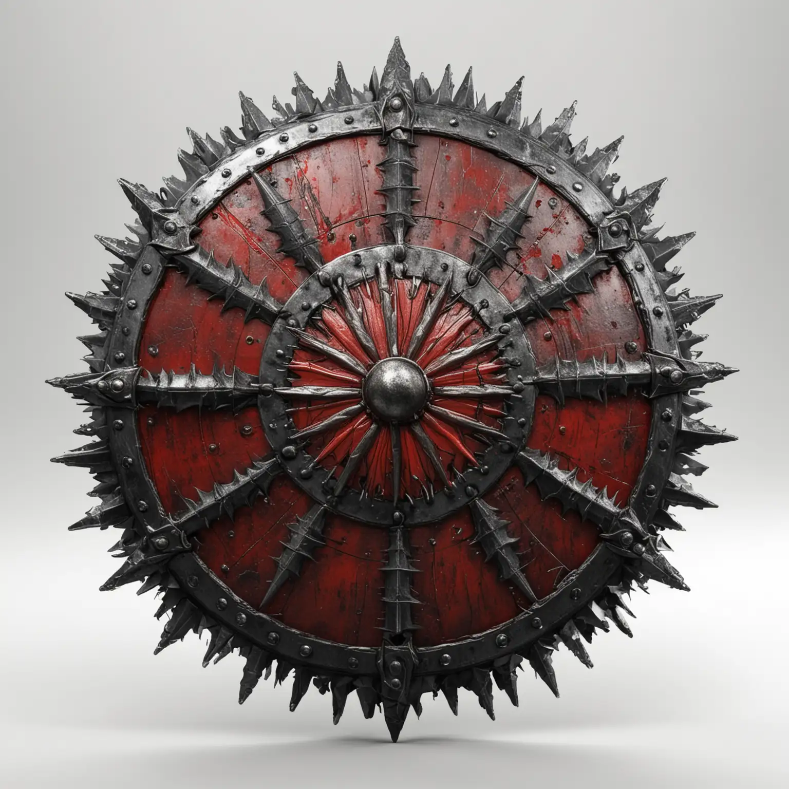 Fantasy-Red-and-Black-Spiky-Round-Steel-Shield-on-White-Background