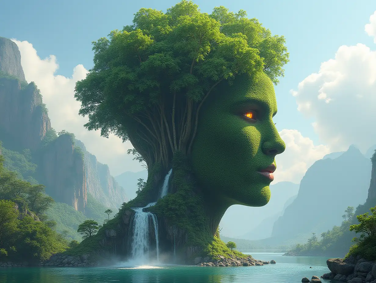 Building tree head with lake and waterfalls