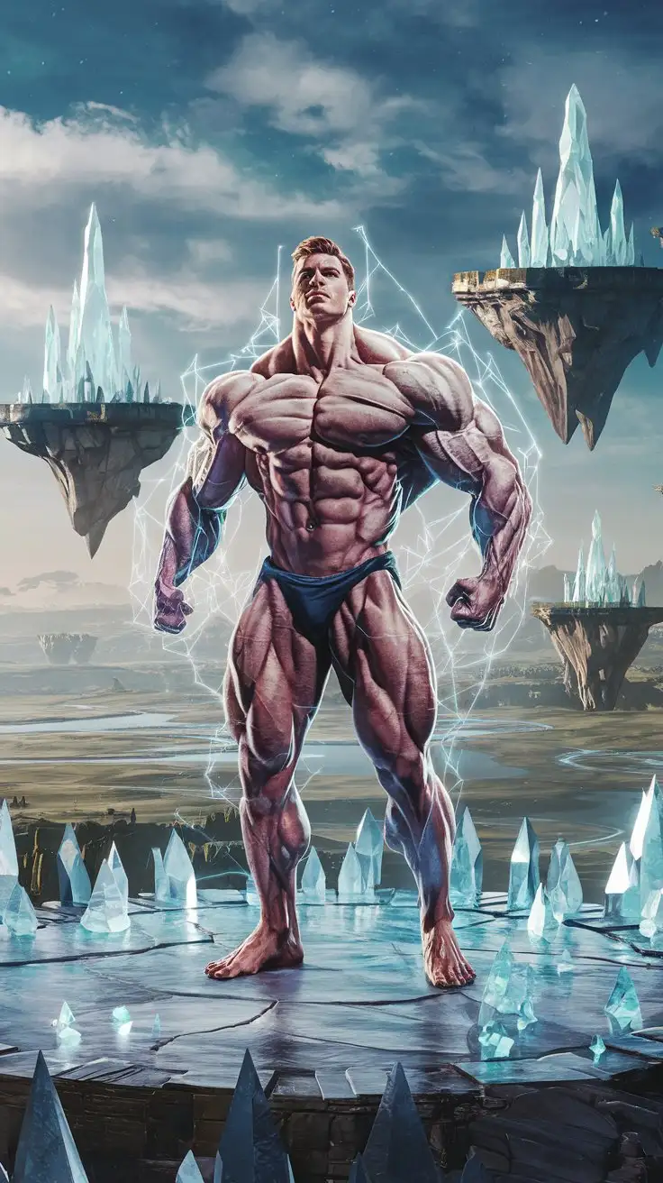 In a crystal fortress. A powerfully muscled, hugely ripped, pumped, superhuman bodybuilder stands triumphantly as his mighty body is inundated with luminous blue superpower. Becoming a superhero. 27 years old. Photorealistic.