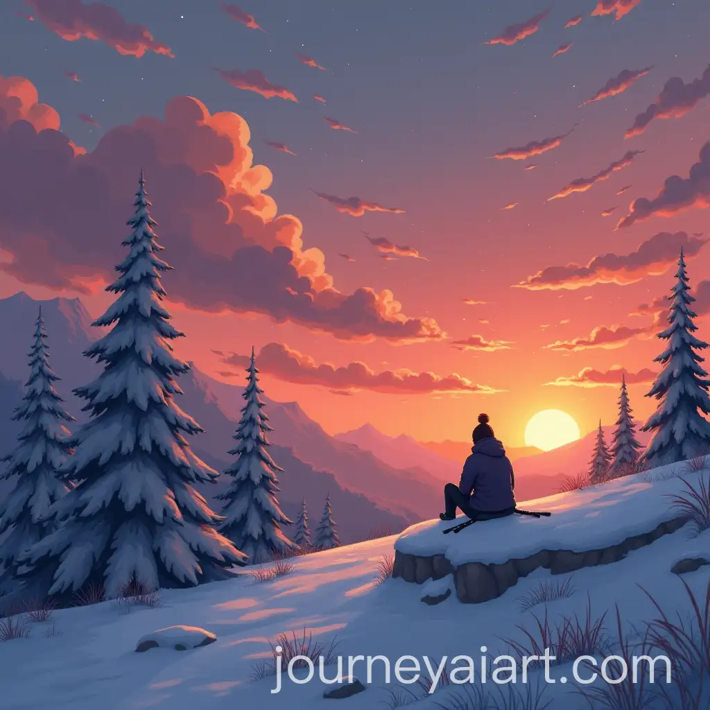 Person-Sitting-on-Snowy-Hill-at-Sunset-in-Studio-Ghibli-Style