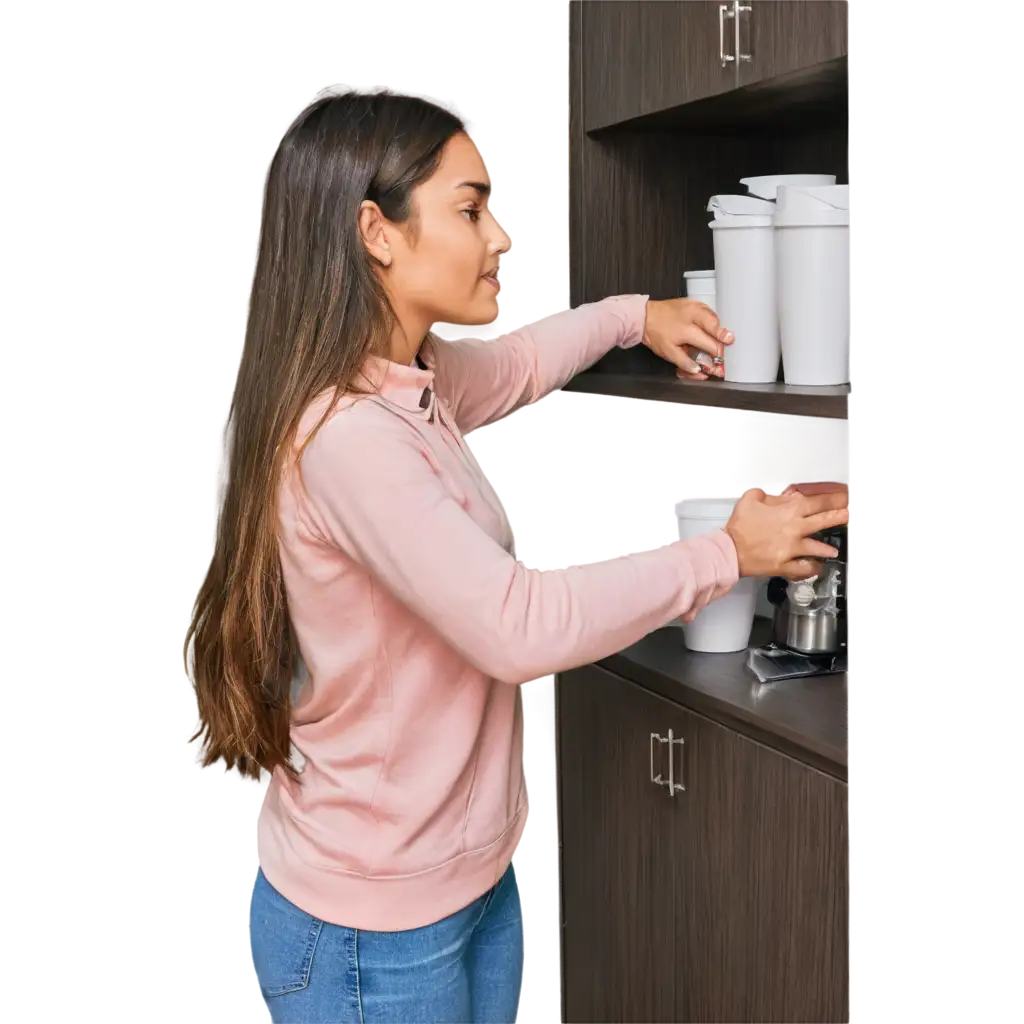 PNG-Image-of-a-Girl-Organizing-Cups-in-Kitchen-Cabinets-HighQuality-Visual-Representation