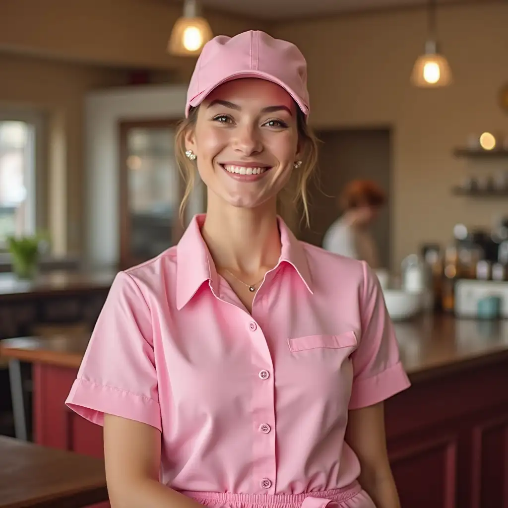 waitress in a pink uniform