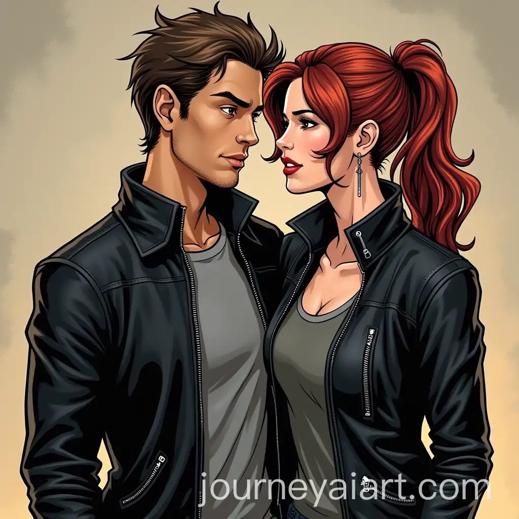 Xander-Harris-and-Natasha-Romanoff-in-ComicStyle-Action-Pose-with-Grey-Tank-Top-and-Leather-Jacket