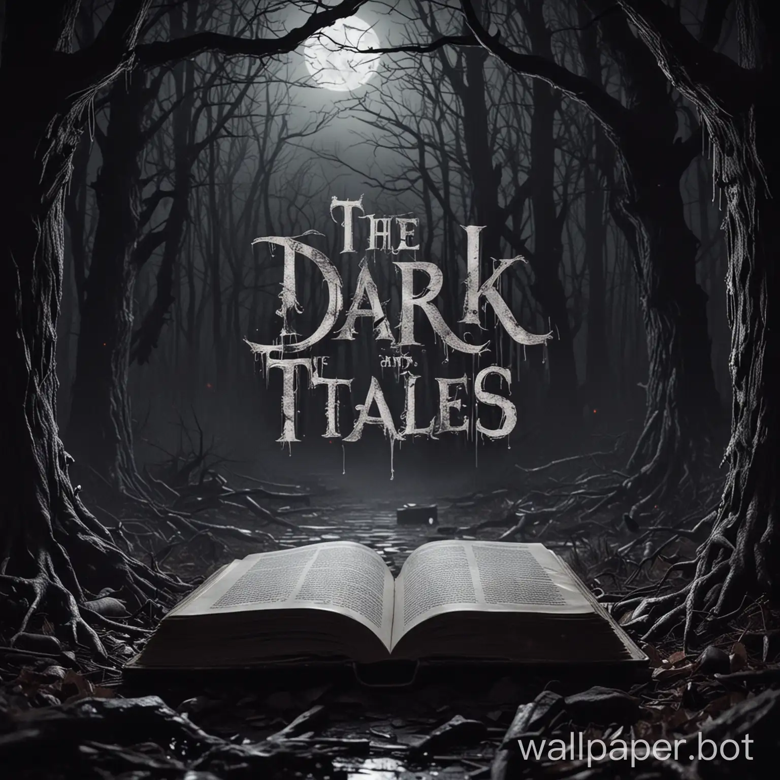 the logo should embody an eerie and mysterious vibe to reflect the content of the channel. Imagine a design featuring an ancient, open book from which a faint, ominous glow emanates, suggesting the release of dark and unsettling elements. The background should be dark, with shades of black, purple, and gray creating a haunting atmosphere. Use distorted or jagged fonts to write the channel name "Dark Tales Unleashed" in a way that conveys a sense of intrigue and suspense. The overall design should be captivating, evoking curiosity and reflecting the chilling nature of the AI-generated scary stories.