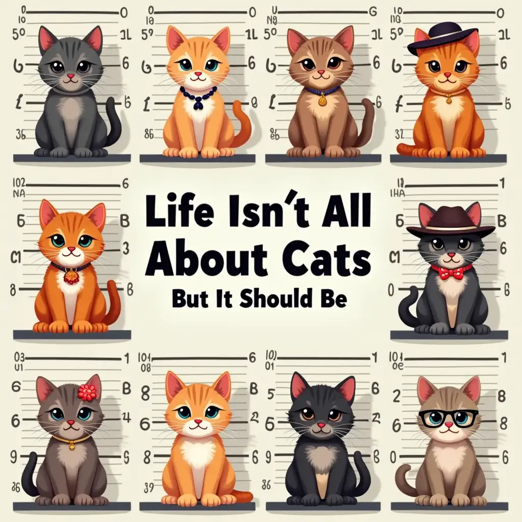 Vector. eight cute kittens in mugshots, featuring the word 'Life Isn't All About Cats But It Should Be' in bold, centered eight adorable Highland. The kittens are wearing different accessories, such as flowers, hats, and glasses. The background is a wall used to take pictures of criminals. cartoonish style