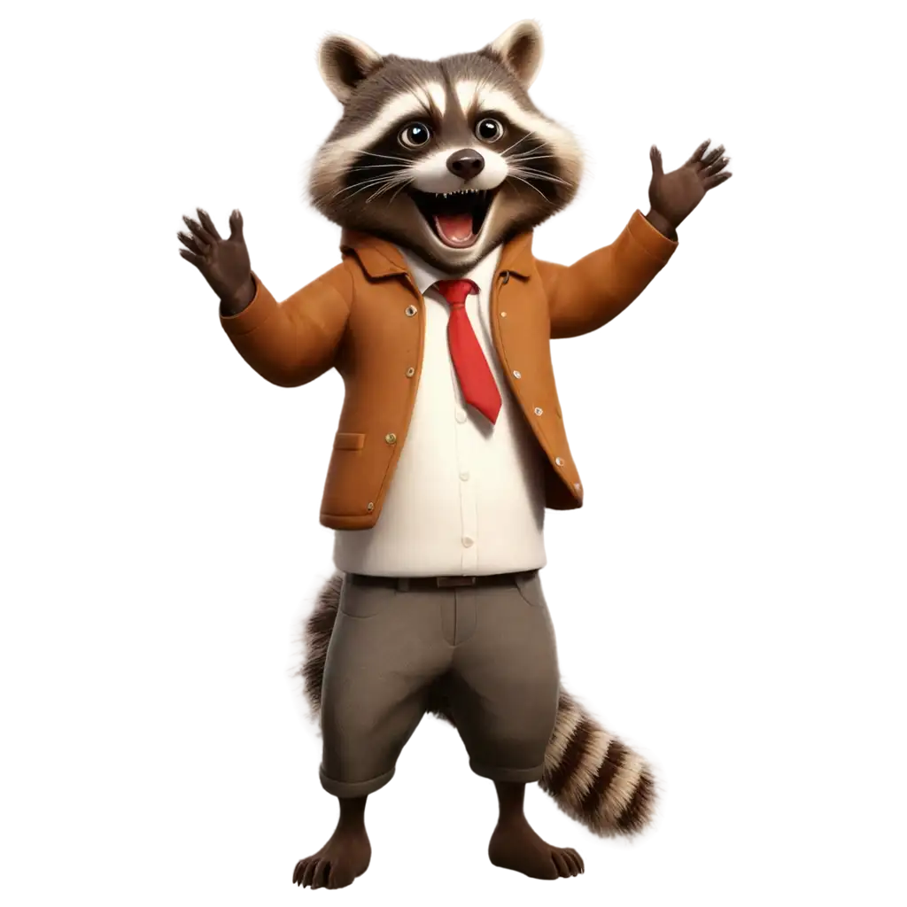 Cheerful-Cartoon-Raccoon-in-Clothes-PNG-Image-Joyful-Raccoon-Raising-Hands-and-Shouting