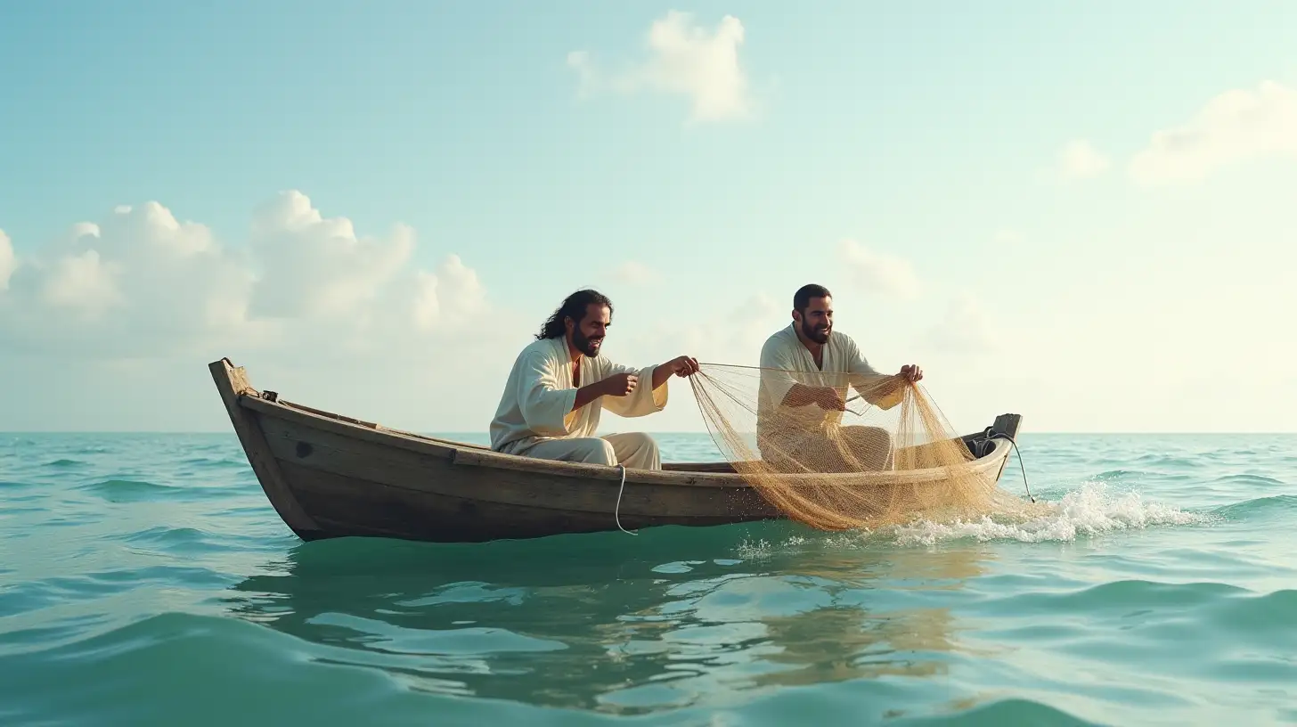 Biblical Fishermen Brothers Casting Nets in a Boat