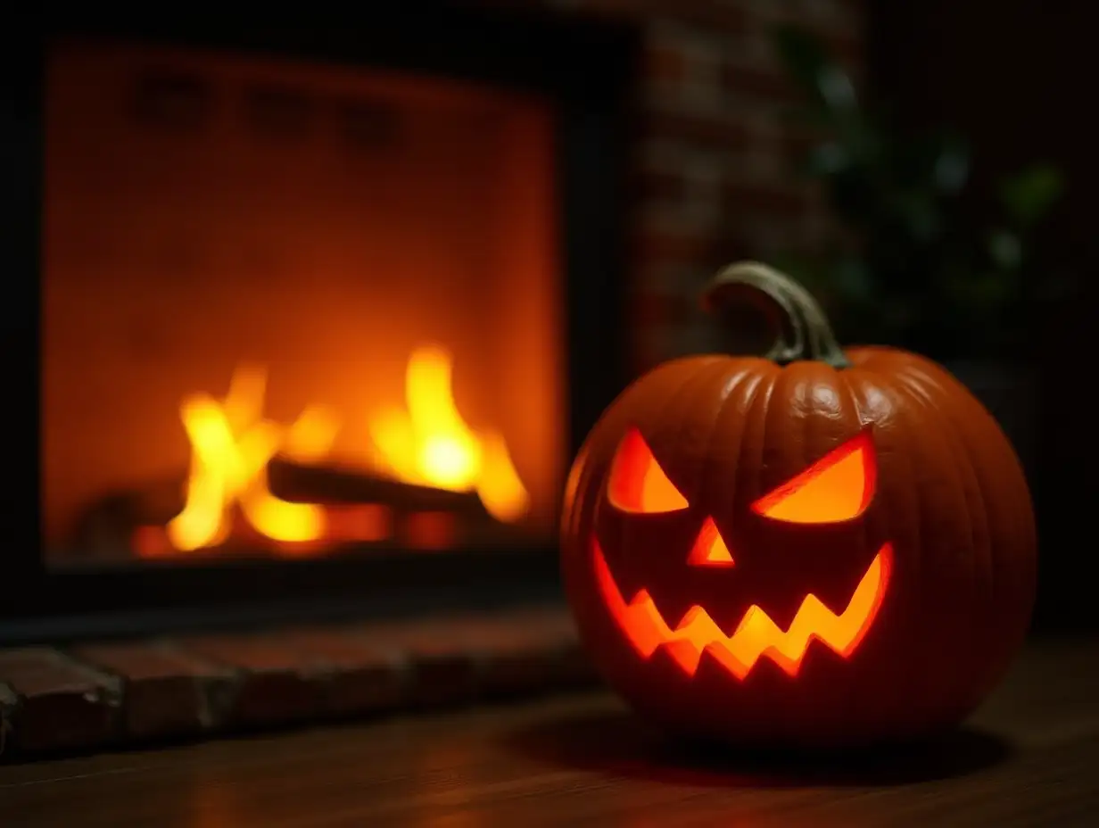 Eerie-Halloween-Pumpkin-by-a-Crackling-Fireplace