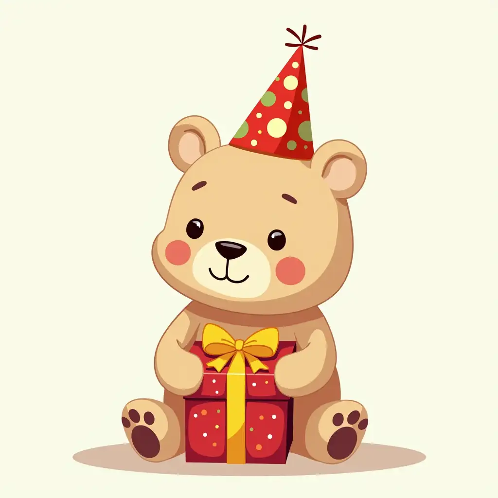 Buba personad drawn in a vector image. Most similar to the original. Buba sits and holds a birthday gift. With a festive cap.