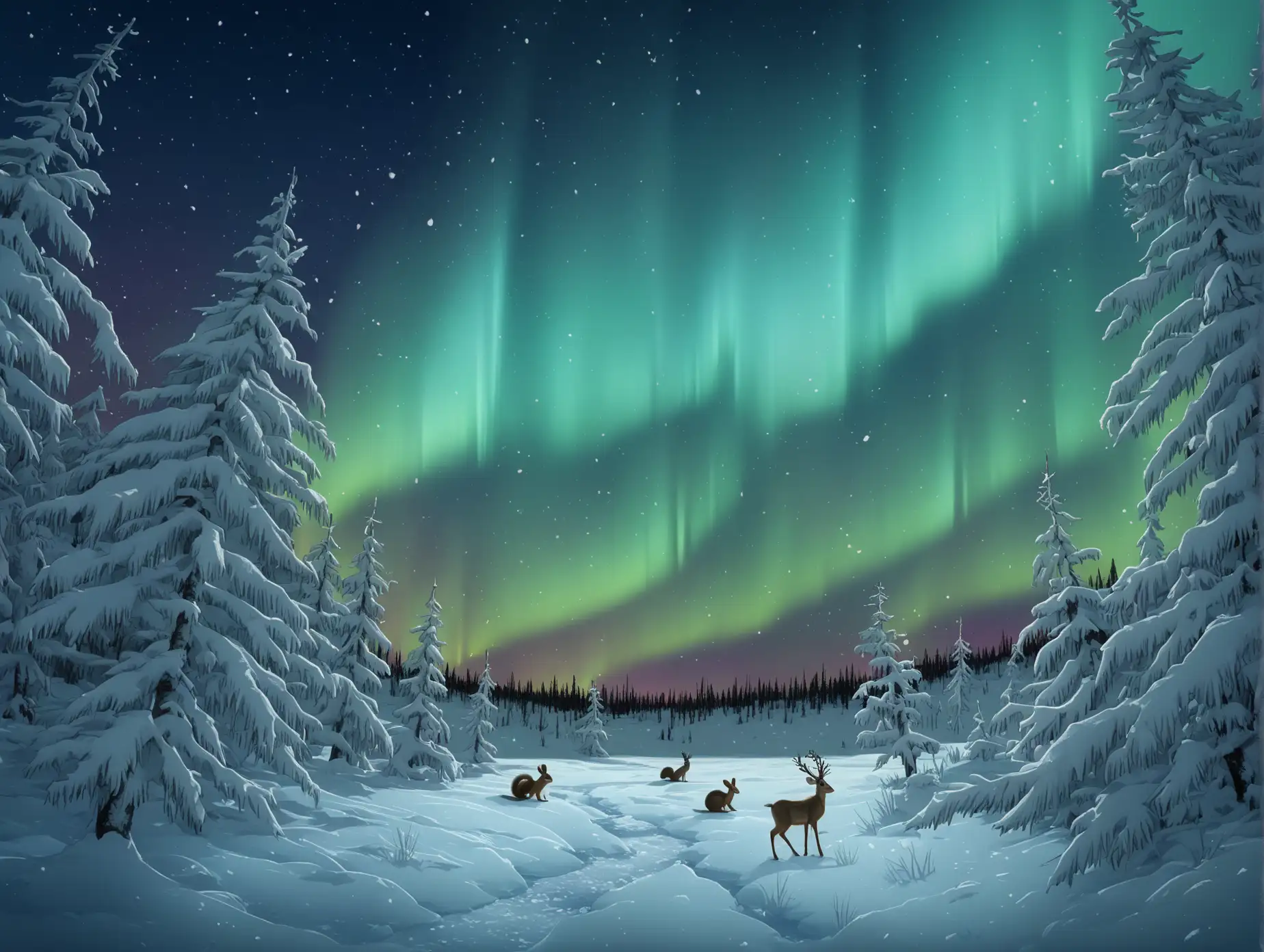 Magical-Lapland-Winter-Forest-Under-Aurora-Borealis-Sky