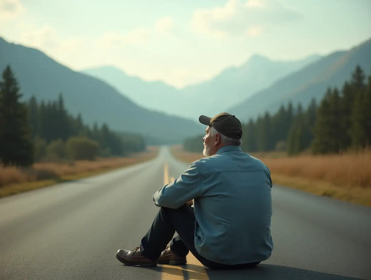 A story on a spacious road. In the foreground, on the edge of the road sits a man with a dreamy face, middle-aged, stocky, wearing a baseball cap - a connoisseur of freedom who likes the feeling of boundless space in front of him.  In the background of which the forest and mountains are visible.| Soft, unobtrusive lighting; Dreamy and surreal composition | Sony and A7R IV with Sony Fe 85 mm F/1.4GM lens | Clear image of details; Smooth background transition -AR 3:4 -type of source material