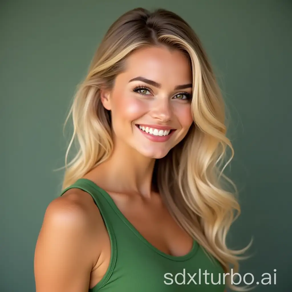 Blondes model, green top, nice smile