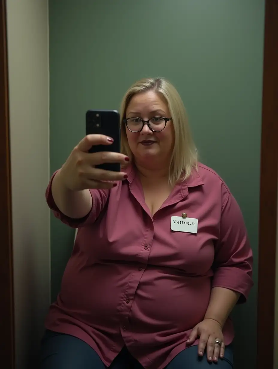 Obese-Woman-Taking-Mirror-Selfie-in-Bathroom-with-Dark-Pink-Shirt-and-Glasses