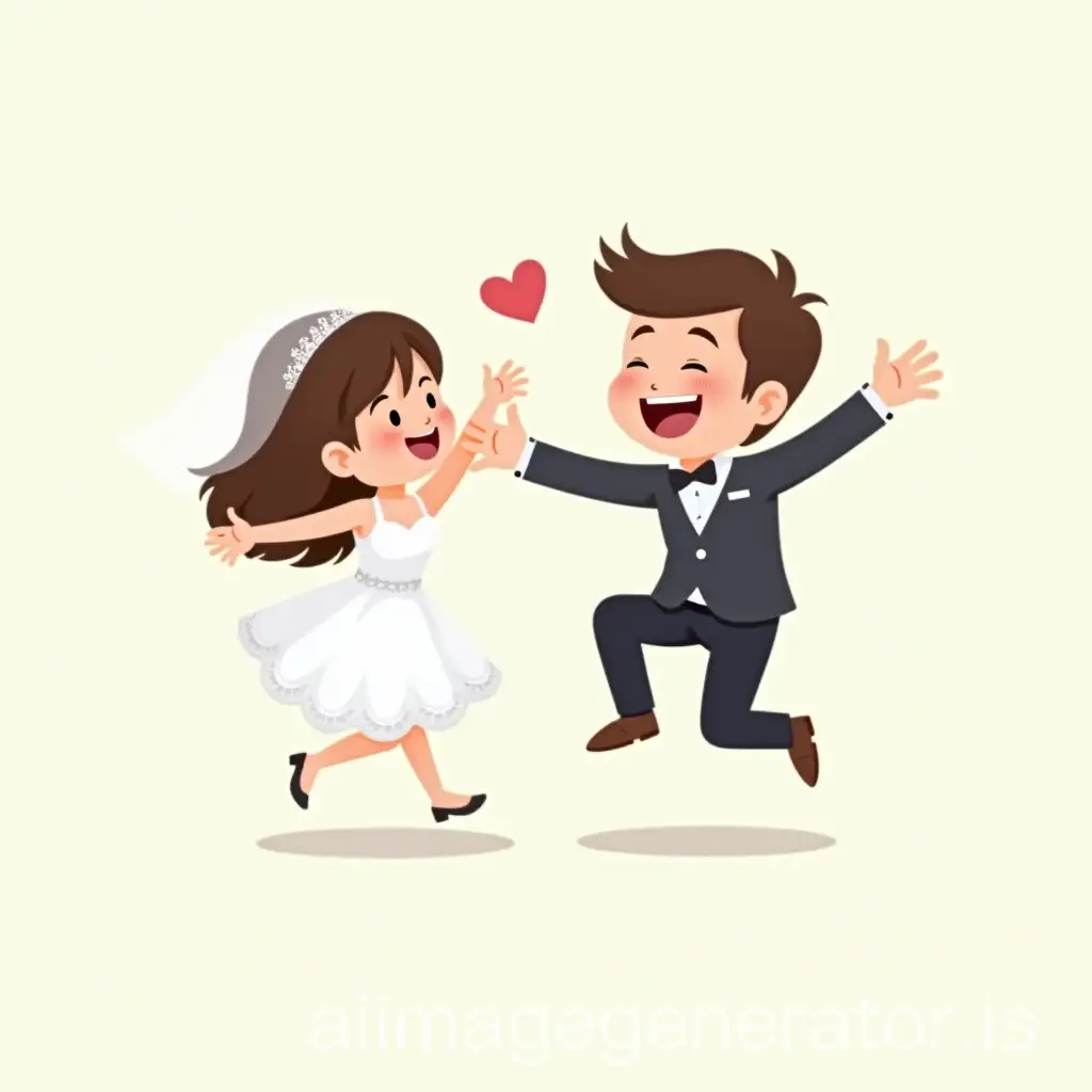 A cartoon-style illustration of a bride and groom jumping in the air...