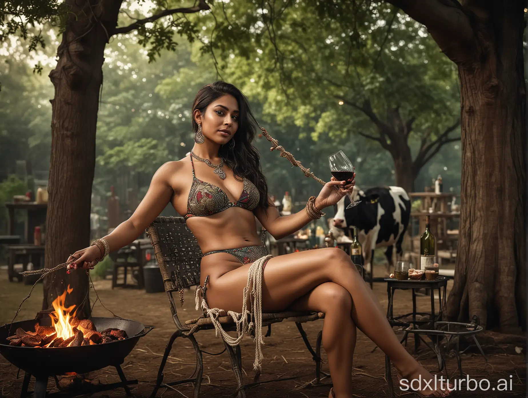 Indian-Woman-in-Bikini-Enjoying-Wine-and-Grilling-Beef