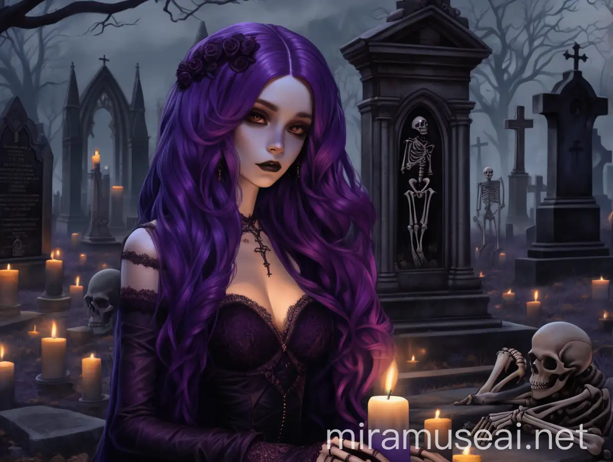 Gothic Cemetery Scene with PurpleHaired Figure and Candles