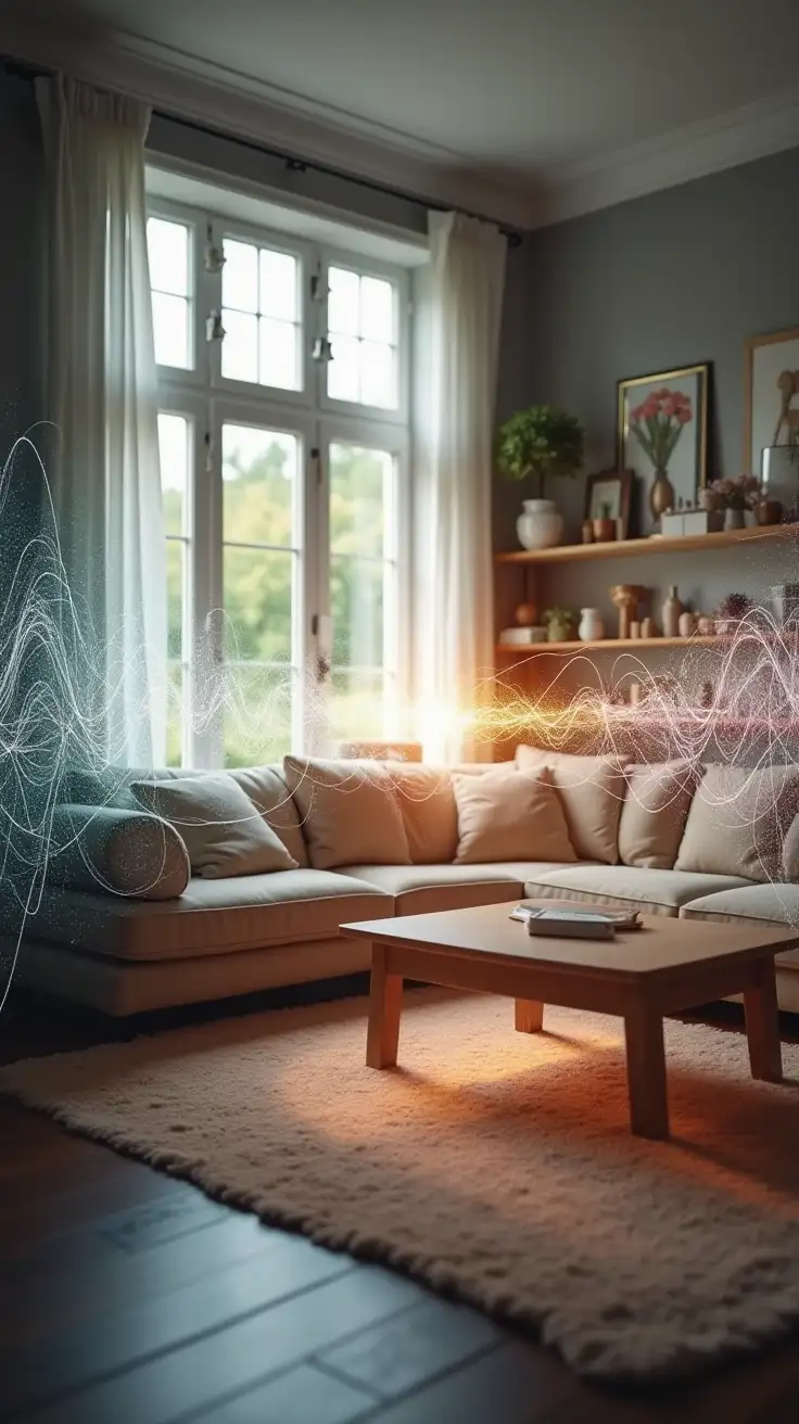 A layered image showing a peaceful living room overlaid with translucent lines of frequency, subtle glowing waves of EMFs and unseen energy fields moving through the air and walls, symbolising the invisible forces within a home.