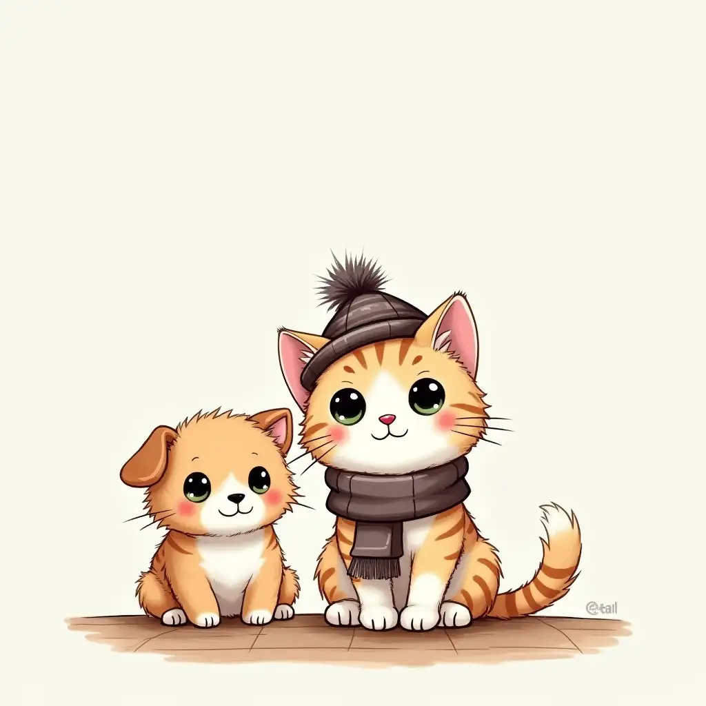 draw a kitty with big eyes and short paws that is sitting on the table, there is also a dog next to it who is smaller in size, the kitty is wearing a scarf and a hat