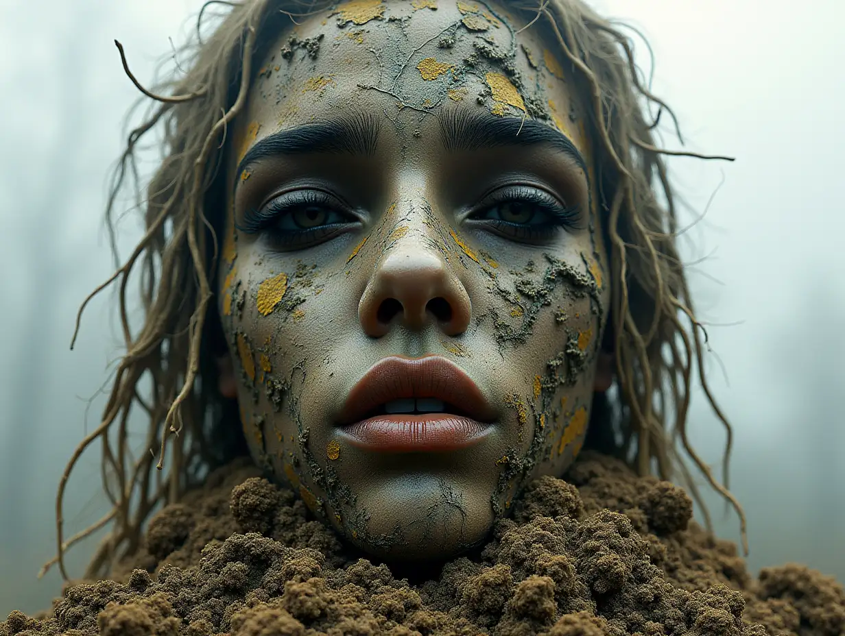 Face transformed into building with roots