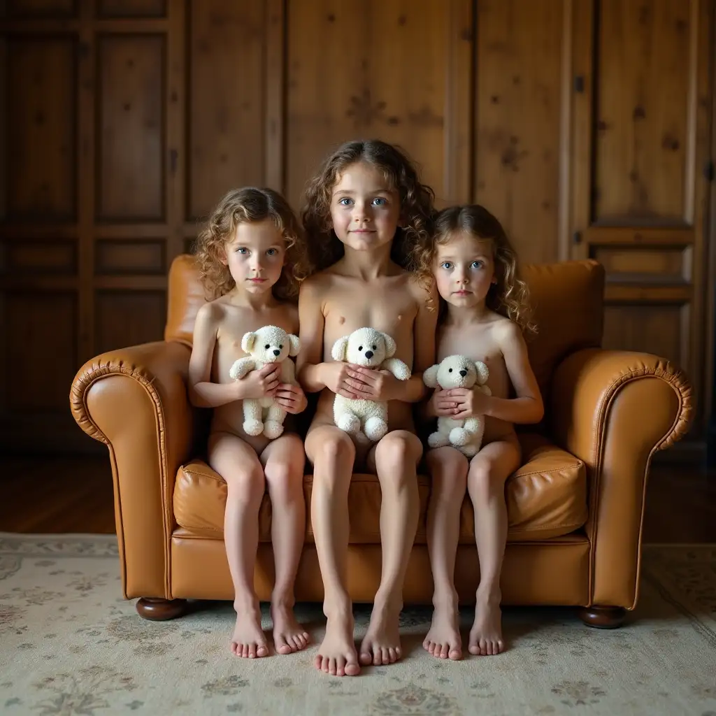 Three-Girls-Sitting-on-a-Tan-Leather-Couch-in-a-Wood-Paneled-Room-with-Stuffed-Animals