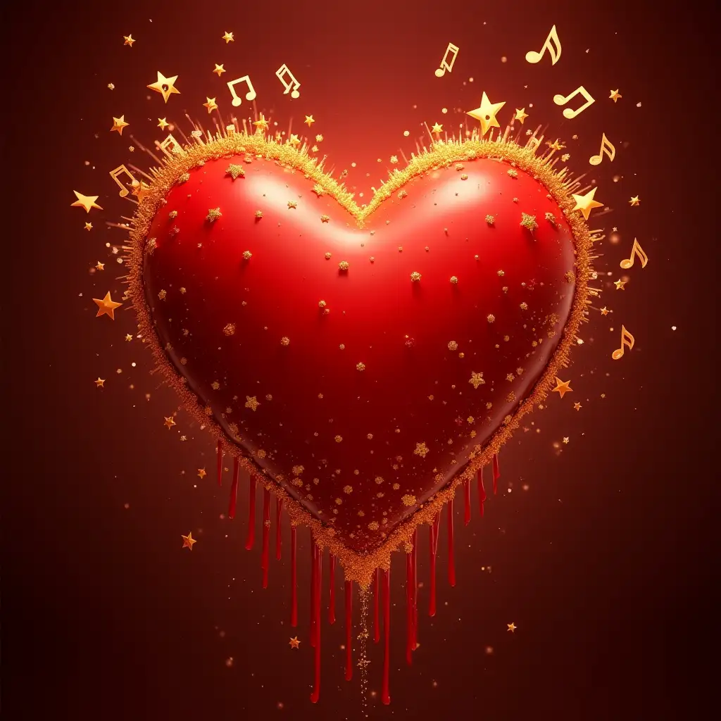 A bright red heart explodes with golden musical notes dripping out of it