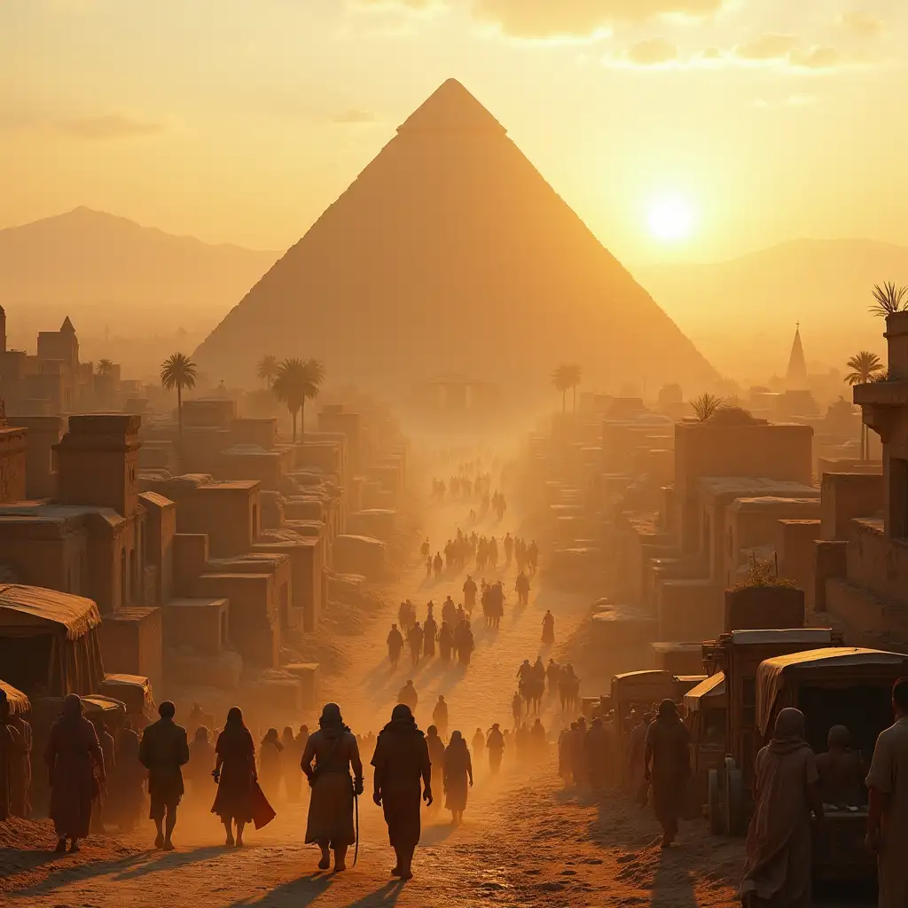 Wide shot of ancient Sumerian city in Mesopotamia, bustling with activity. The grand ziggurat towers in the background, symbolizing their advanced civilization. Dynamic movement of people, animals, and carts filling the scene as the sun rises.