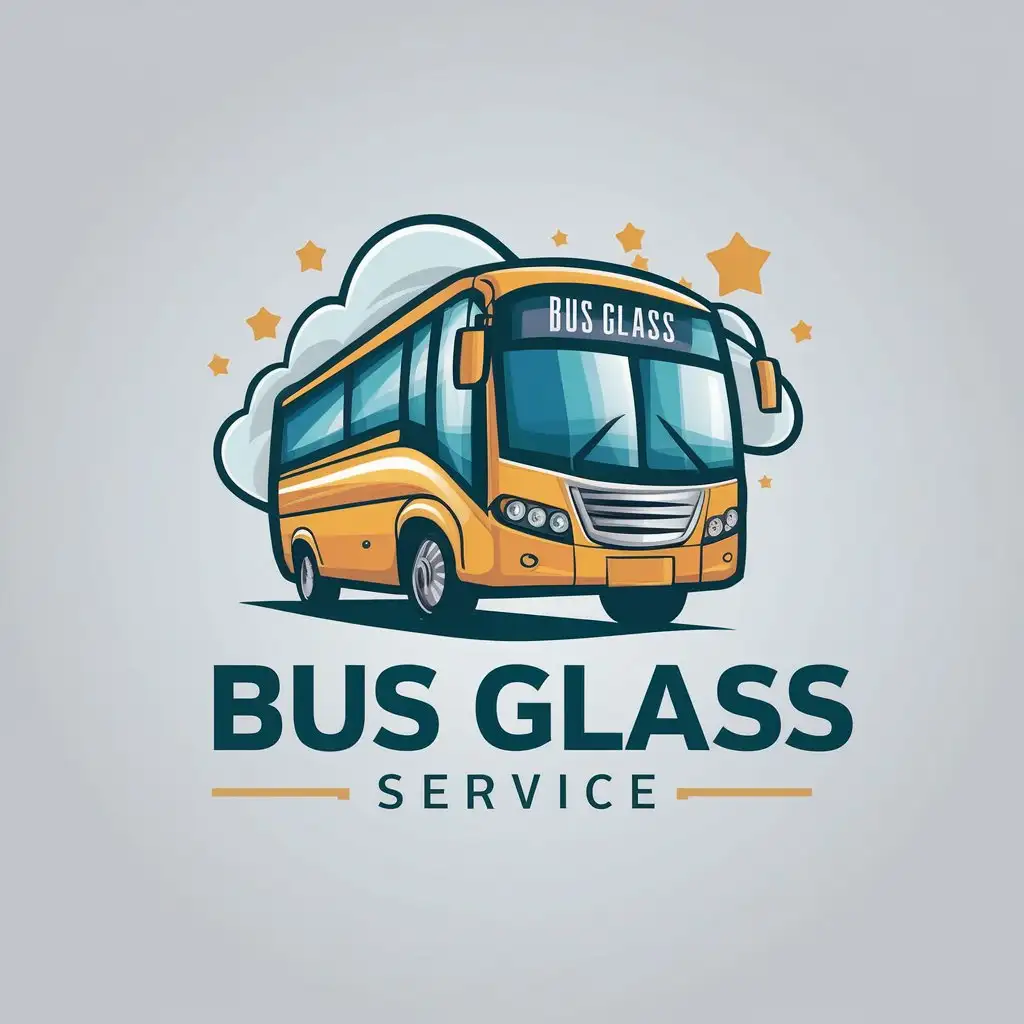 LOGO Design for Bus Glass Service Detailed Modern Buses and Minibuses with Stars and Clouds