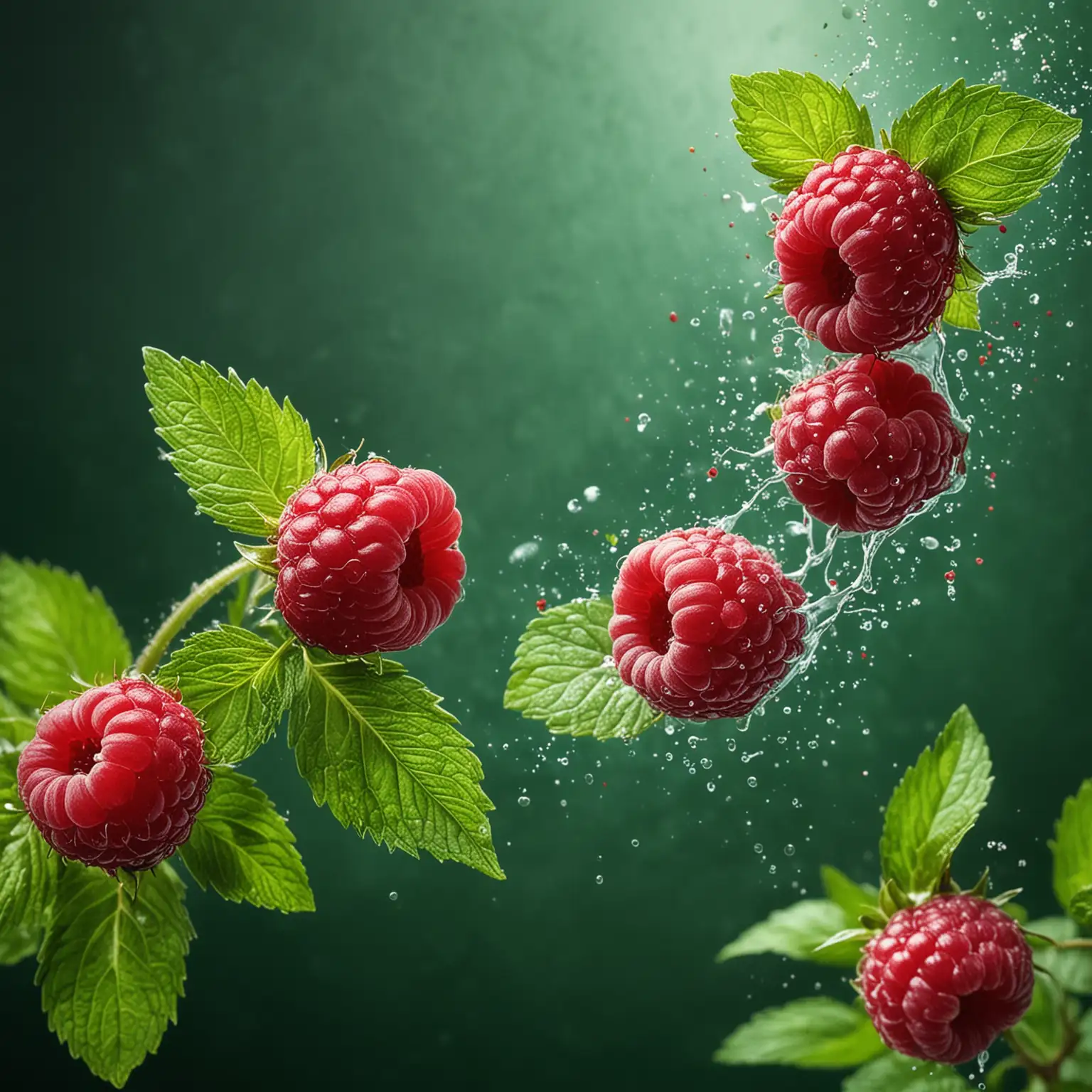 berries of juicy raspberry leaves of mint splashes of juice flying raspberry background