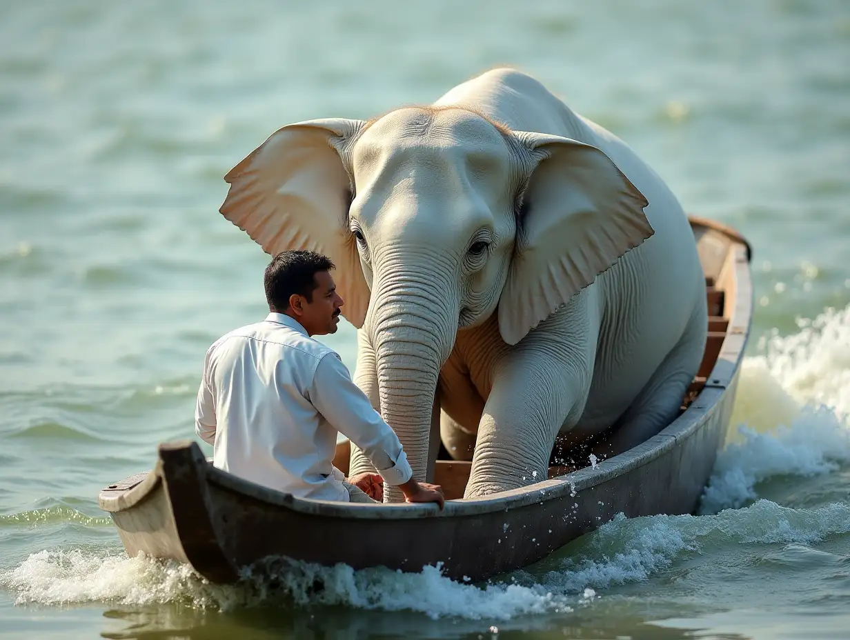 The minister in a small boat with the white elephant, water splashing, he’s marking the water level on the boat’s side, tension visible on his face.