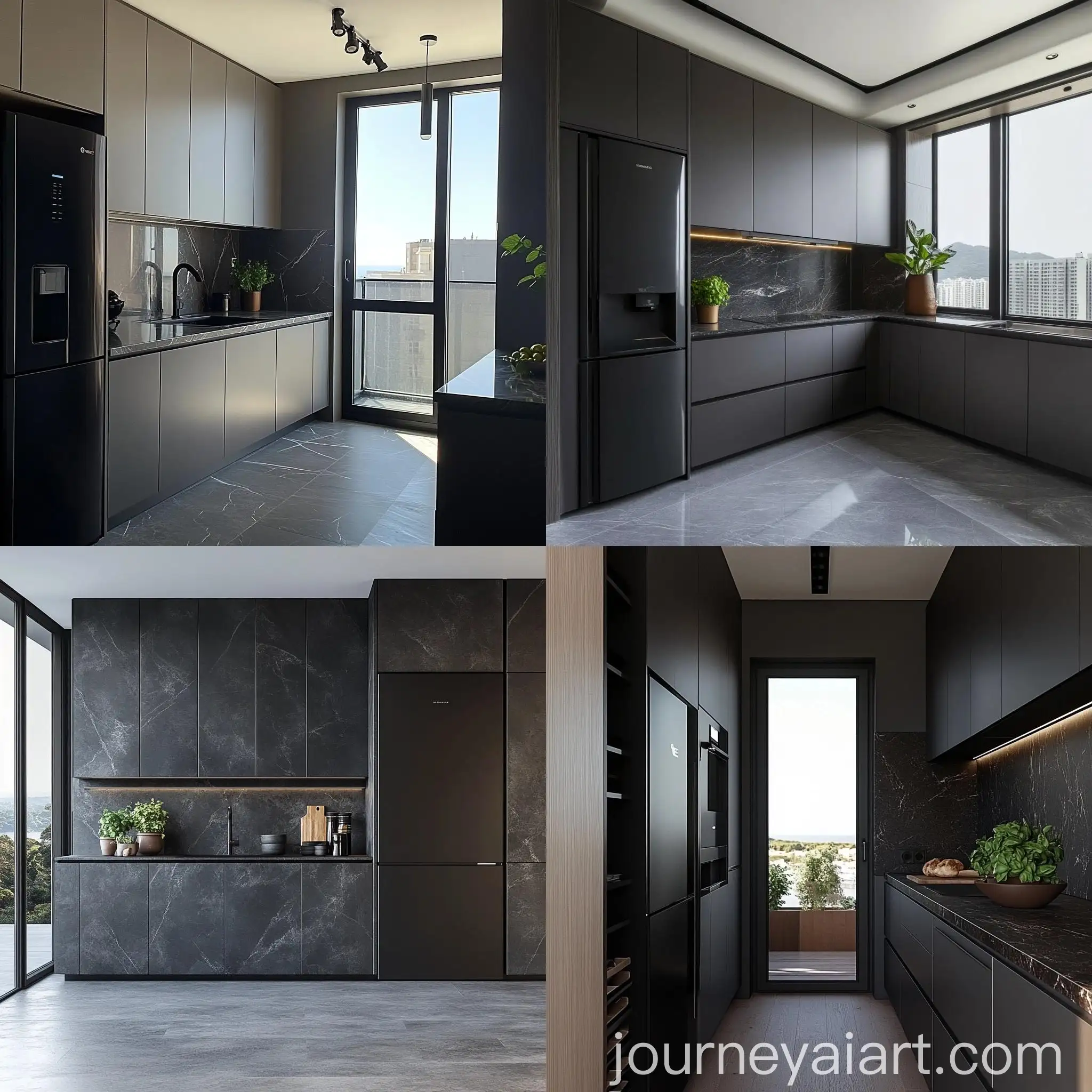 Modern-Kitchen-Interior-with-Black-Marble-Countertop-and-Sea-View-Window