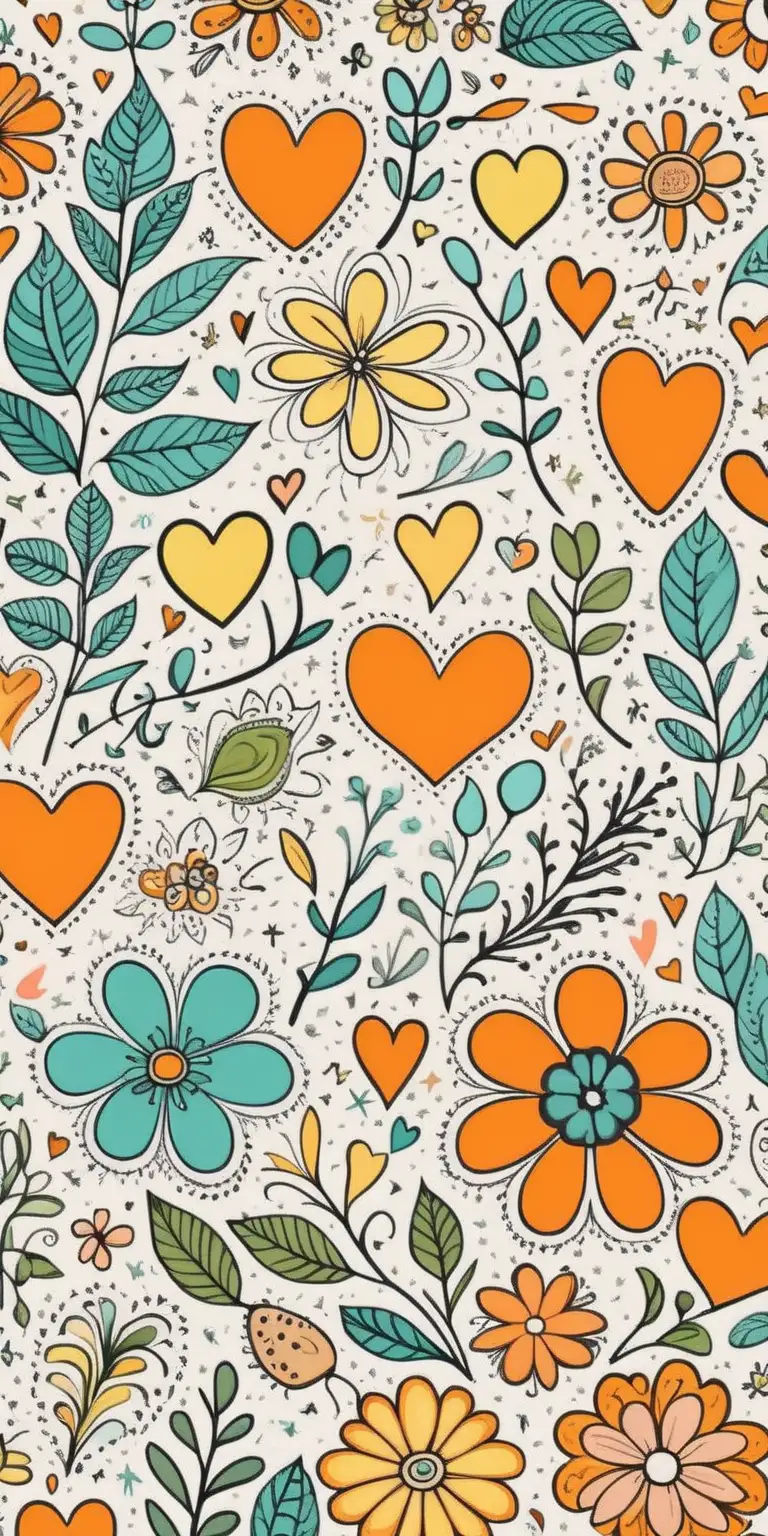 Floral Doodle Cute Pattern with Hearts in Orange Green Yellow