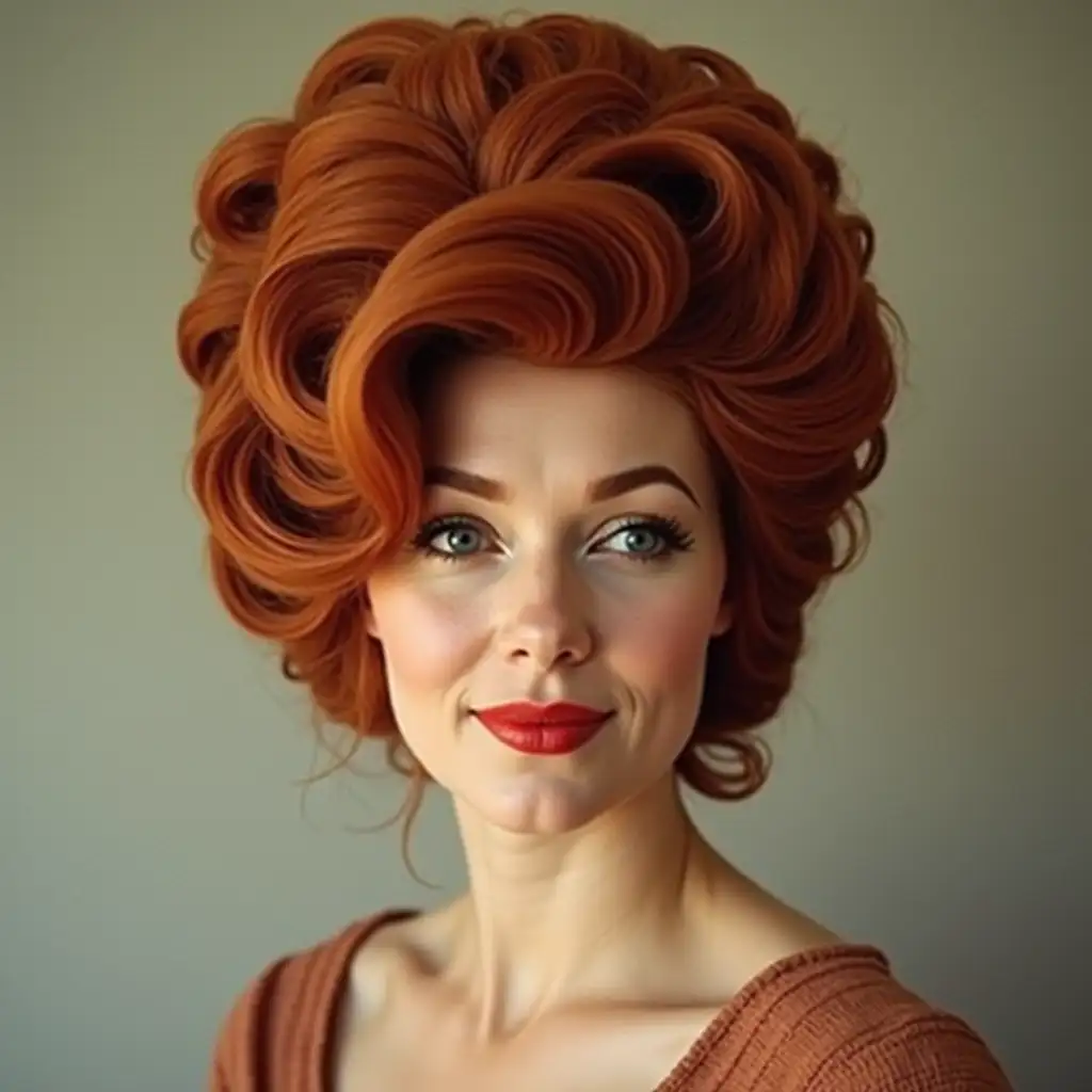 The voluptuous redhead wears a huge 1960s-style beehive hairstyle: a carefully sculpted pile of barrel, petal, shell, and sausage curls that made up the often large and elaborate hairstyle.