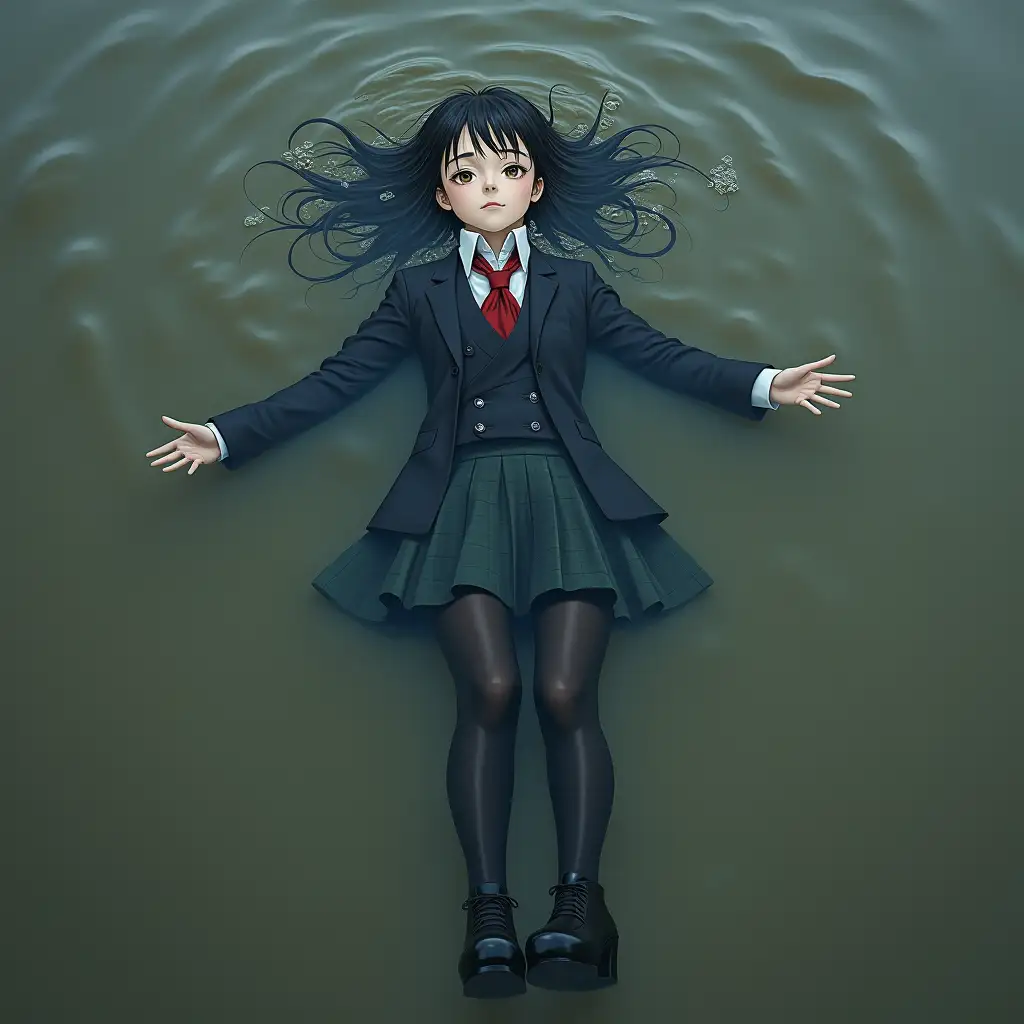 Schoolgirl in a school uniform suit, in a skirt, jacket, blouse, dark tights, high-heeled shoes. She is swimming in a dirty pond, lying underwater, all her clothes are completely wet, wet clothes stick to her body, the whole body is underwater, submerged in water, under the surface of the water, below the water's edge.