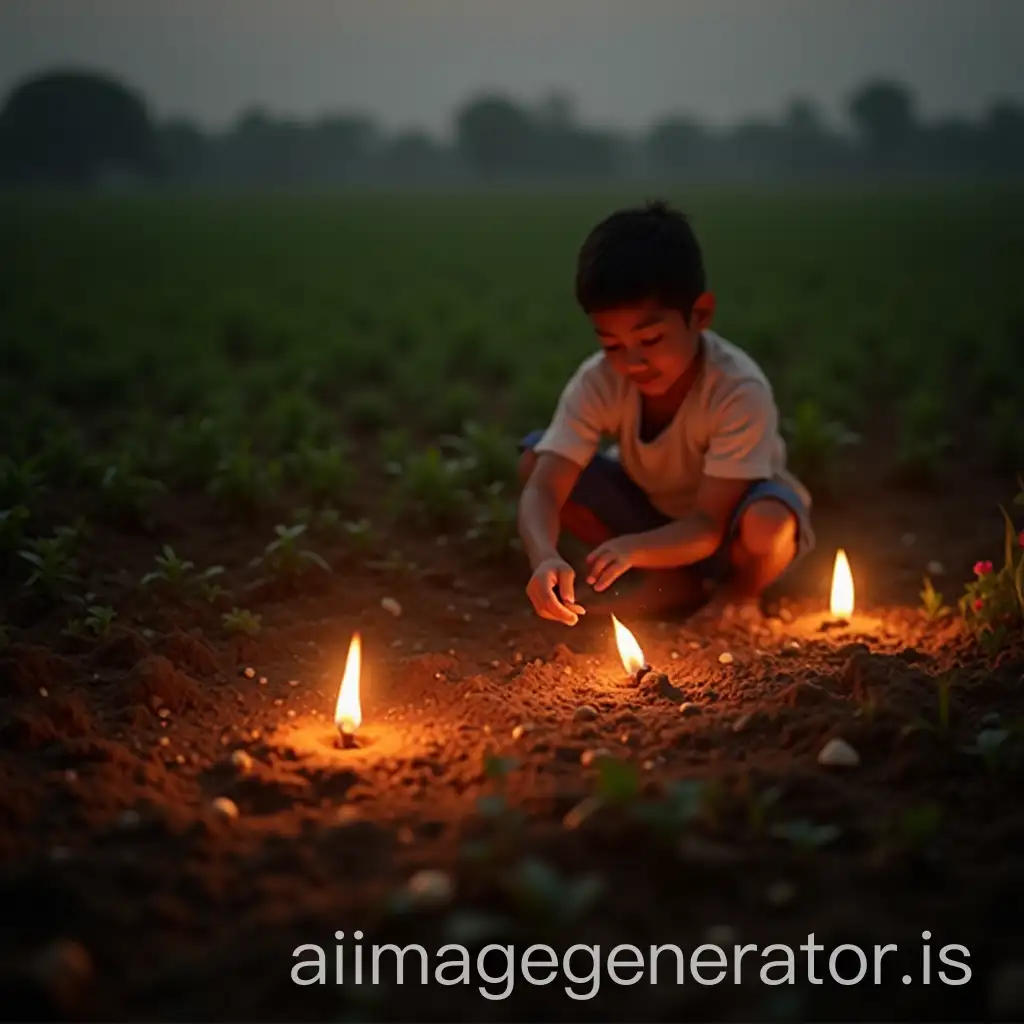 Show a farmer planting seeds in a field, with the seeds transforming into glowing diyas as they grow.