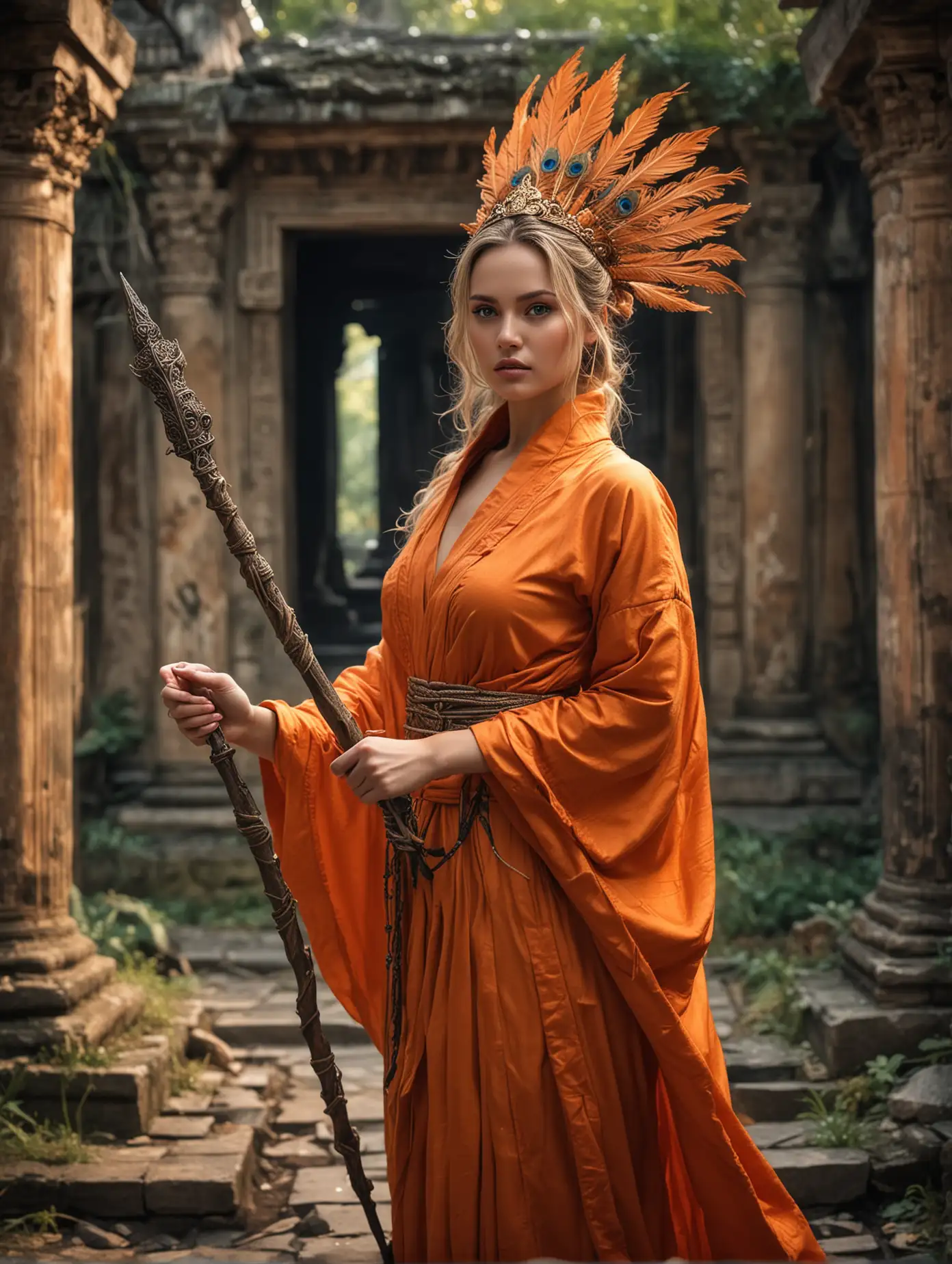 beautiful face of mia malkova in fluttering monk orange robe, fantasy-mystical style, serene, ancient buddhist temple background. She stands in a striking pose in an ancient ruin, wearing flowing robes and a peacock feather headdress while holding a scepter decorated with an intricate trident. She is presence exudes an aura of power and mystery, perfectly capturing the essence of an epic fantasy scene.