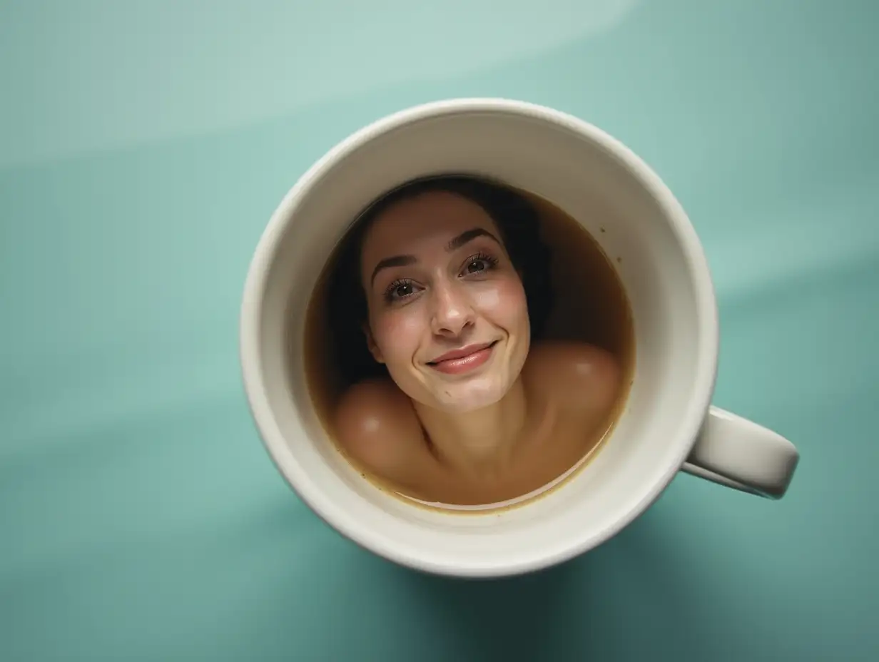 A woman swimming in a coffee cup