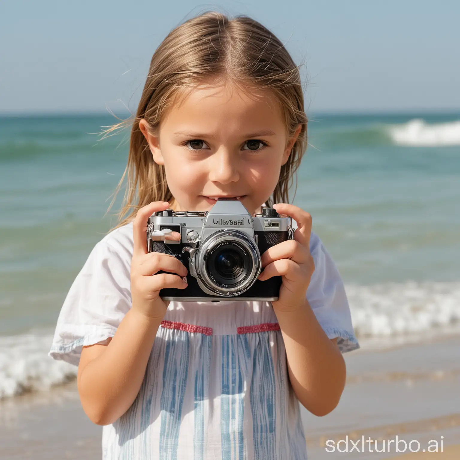 Child-Taking-Seascape-Photo-with-Toy-Camera-at-Beach